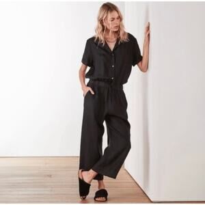 James Perse Linen Short Sleeve Cropped Wide Leg Jumpsuit Black Size 2 Medium